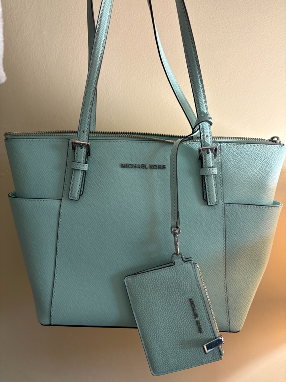 MICHAEL KORS Mint Green Saffiano Tote with Detachable Card Holder